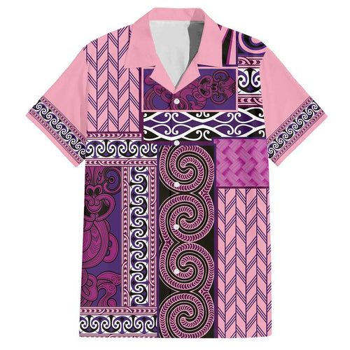 Pink Aotearoa Kowhaiwhai Pattern Family Matching Puletasi and Hawaiian Shirt NZ Maori Quilt Style