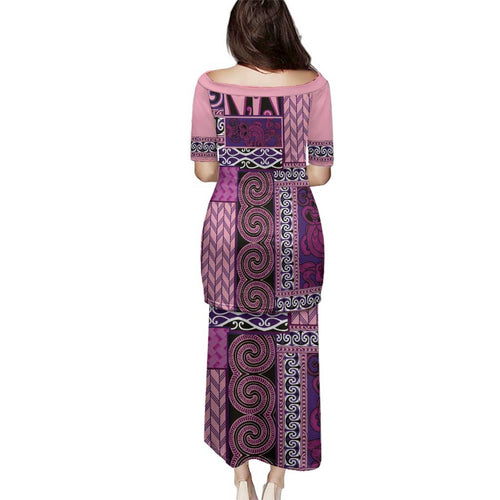 Pink Aotearoa Kowhaiwhai Pattern Family Matching Puletasi and Hawaiian Shirt NZ Maori Quilt Style