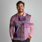 Pink Aotearoa Kowhaiwhai Pattern Long Sleeve Polo Shirt NZ Maori Quilt Style