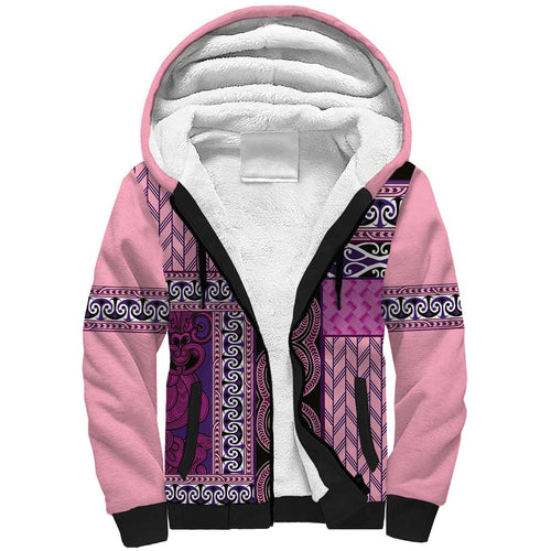 Pink Aotearoa Kowhaiwhai Pattern Sherpa Hoodie NZ Maori Quilt Style