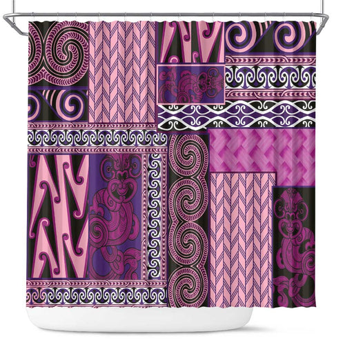 Pink Aotearoa Kowhaiwhai Pattern Shower Curtain NZ Maori Quilt Style
