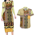 Yellow Aotearoa Kowhaiwhai Pattern Couples Matching Long Sleeve Bodycon Dress and Hawaiian Shirt NZ Maori Quilt Style