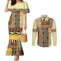 Yellow Aotearoa Kowhaiwhai Pattern Couples Matching Mermaid Dress and Long Sleeve Button Shirt NZ Maori Quilt Style
