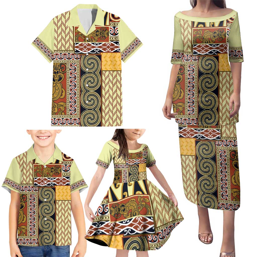 Yellow Aotearoa Kowhaiwhai Pattern Family Matching Puletasi and Hawaiian Shirt NZ Maori Quilt Style