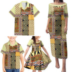 Yellow Aotearoa Kowhaiwhai Pattern Family Matching Puletasi and Hawaiian Shirt NZ Maori Quilt Style