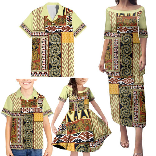 Yellow Aotearoa Kowhaiwhai Pattern Family Matching Puletasi and Hawaiian Shirt NZ Maori Quilt Style