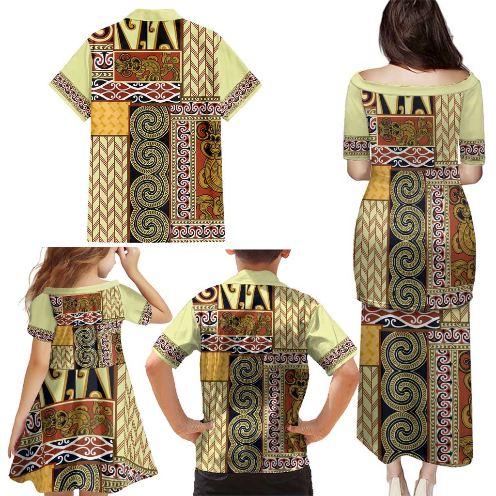 Yellow Aotearoa Kowhaiwhai Pattern Family Matching Puletasi and Hawaiian Shirt NZ Maori Quilt Style