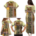Yellow Aotearoa Kowhaiwhai Pattern Family Matching Puletasi and Hawaiian Shirt NZ Maori Quilt Style