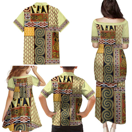 Yellow Aotearoa Kowhaiwhai Pattern Family Matching Puletasi and Hawaiian Shirt NZ Maori Quilt Style