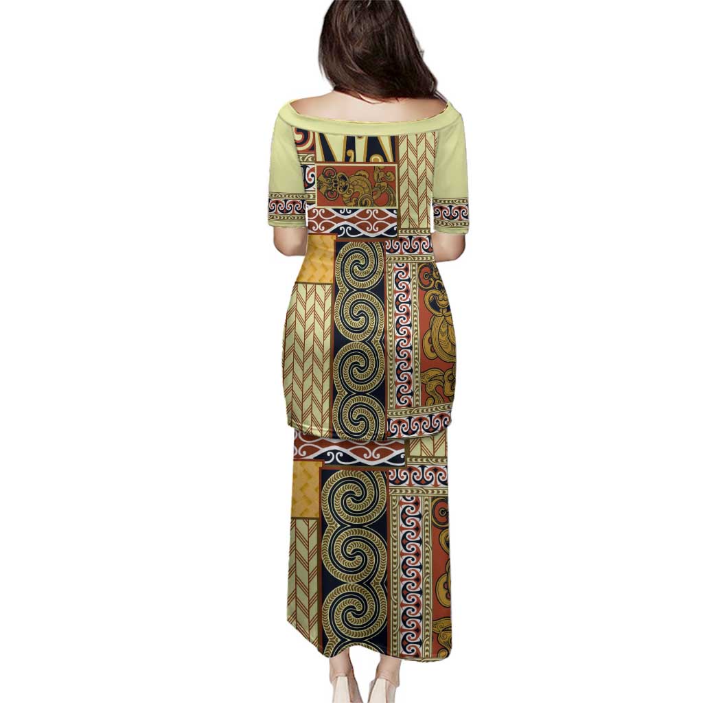 Yellow Aotearoa Kowhaiwhai Pattern Family Matching Puletasi and Hawaiian Shirt NZ Maori Quilt Style