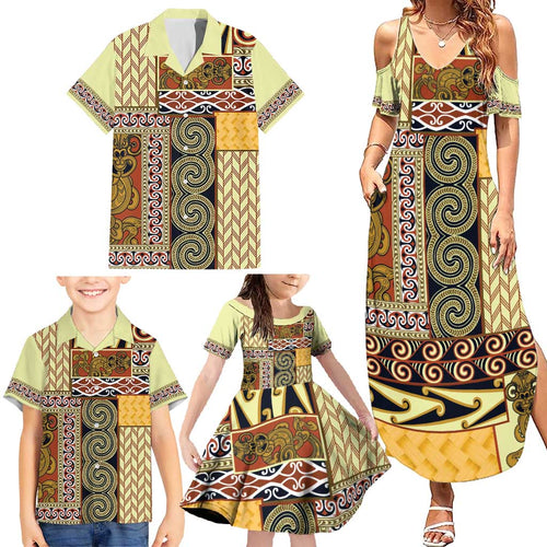 Yellow Aotearoa Kowhaiwhai Pattern Family Matching Summer Maxi Dress and Hawaiian Shirt NZ Maori Quilt Style