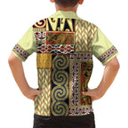 Yellow Aotearoa Kowhaiwhai Pattern Family Matching Tank Maxi Dress and Hawaiian Shirt NZ Maori Quilt Style