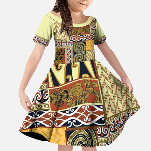 Yellow Aotearoa Kowhaiwhai Pattern Family Matching Tank Maxi Dress and Hawaiian Shirt NZ Maori Quilt Style