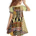Yellow Aotearoa Kowhaiwhai Pattern Family Matching Tank Maxi Dress and Hawaiian Shirt NZ Maori Quilt Style