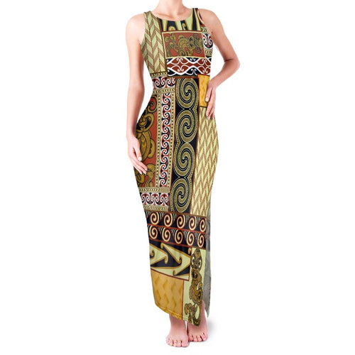 Yellow Aotearoa Kowhaiwhai Pattern Family Matching Tank Maxi Dress and Hawaiian Shirt NZ Maori Quilt Style