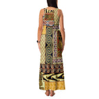 Yellow Aotearoa Kowhaiwhai Pattern Family Matching Tank Maxi Dress and Hawaiian Shirt NZ Maori Quilt Style