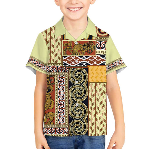 Yellow Aotearoa Kowhaiwhai Pattern Family Matching Tank Maxi Dress and Hawaiian Shirt NZ Maori Quilt Style