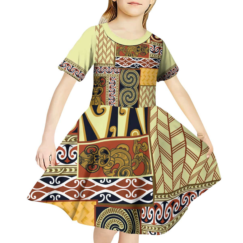 Yellow Aotearoa Kowhaiwhai Pattern Kid Short Sleeve Dress NZ Maori Quilt Style