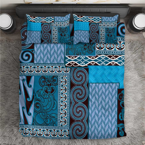 Blue Aotearoa Kowhaiwhai Pattern Bedding Set NZ Maori Quilt Style
