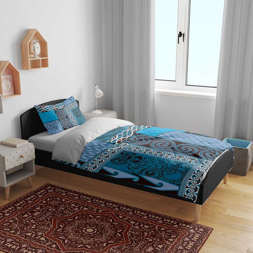 Blue Aotearoa Kowhaiwhai Pattern Bedding Set NZ Maori Quilt Style
