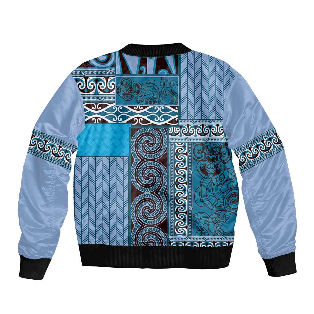 Blue Aotearoa Kowhaiwhai Pattern Bomber Jacket NZ Maori Quilt Style