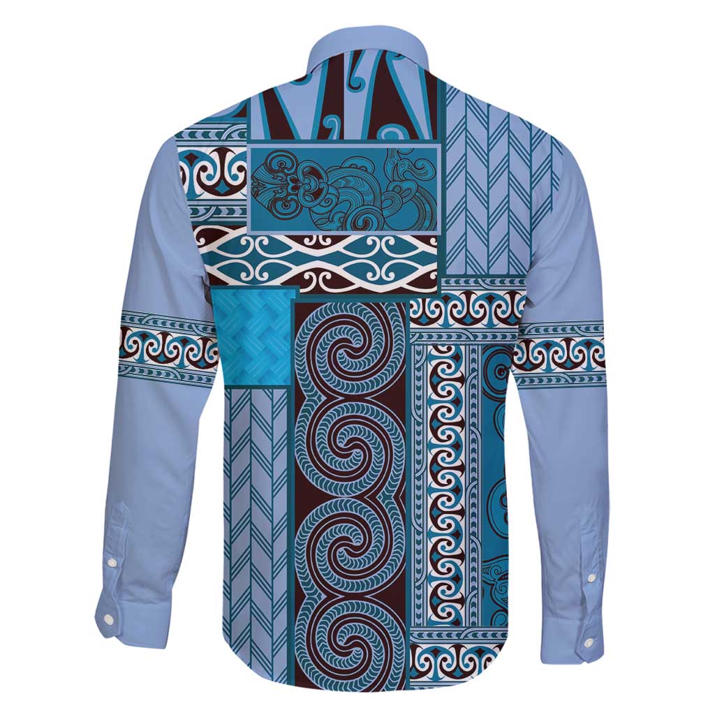 Blue Aotearoa Kowhaiwhai Pattern Family Matching Long Sleeve Bodycon Dress and Hawaiian Shirt NZ Maori Quilt Style