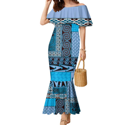 Blue Aotearoa Kowhaiwhai Pattern Family Matching Mermaid Dress and Hawaiian Shirt NZ Maori Quilt Style