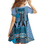 Blue Aotearoa Kowhaiwhai Pattern Family Matching Off Shoulder Maxi Dress and Hawaiian Shirt NZ Maori Quilt Style