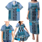 Blue Aotearoa Kowhaiwhai Pattern Family Matching Puletasi and Hawaiian Shirt NZ Maori Quilt Style