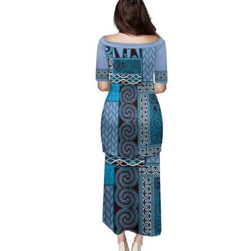 Blue Aotearoa Kowhaiwhai Pattern Family Matching Puletasi and Hawaiian Shirt NZ Maori Quilt Style