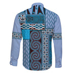 Blue Aotearoa Kowhaiwhai Pattern Family Matching Tank Maxi Dress and Hawaiian Shirt NZ Maori Quilt Style