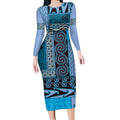 Blue Aotearoa Kowhaiwhai Pattern Long Sleeve Bodycon Dress NZ Maori Quilt Style