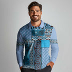 Blue Aotearoa Kowhaiwhai Pattern Long Sleeve Polo Shirt NZ Maori Quilt Style