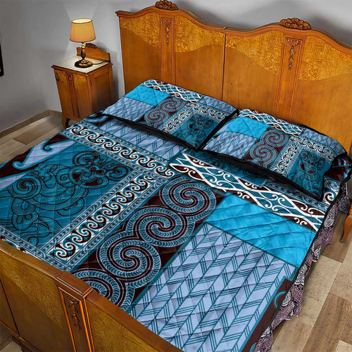 Blue Aotearoa Kowhaiwhai Pattern Quilt Bed Set NZ Maori Quilt Style