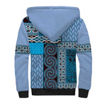 Blue Aotearoa Kowhaiwhai Pattern Sherpa Hoodie NZ Maori Quilt Style
