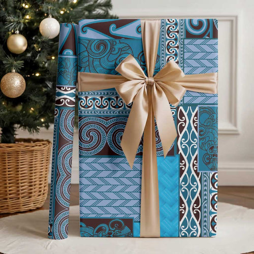 Blue Aotearoa Kowhaiwhai Pattern Wrapping Paper NZ Maori Quilt Style - Aussie Hoodie