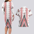 Aotearoa Taniko Couples Matching Long Sleeve Bodycon Dress and Hawaiian Shirt Niho Taniwha Purapura Whetu Mix Poutama