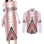 Aotearoa Taniko Couples Matching Long Sleeve Bodycon Dress and Long Sleeve Button Shirt Niho Taniwha Purapura Whetu Mix Poutama