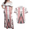 Aotearoa Taniko Couples Matching Off Shoulder Maxi Dress and Hawaiian Shirt Niho Taniwha Purapura Whetu Mix Poutama