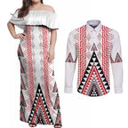 Aotearoa Taniko Couples Matching Off Shoulder Maxi Dress and Long Sleeve Button Shirt Niho Taniwha Purapura Whetu Mix Poutama