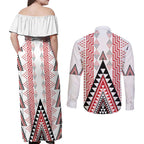 Aotearoa Taniko Couples Matching Off Shoulder Maxi Dress and Long Sleeve Button Shirt Niho Taniwha Purapura Whetu Mix Poutama