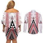 Aotearoa Taniko Couples Matching Off Shoulder Short Dress and Long Sleeve Button Shirt Niho Taniwha Purapura Whetu Mix Poutama