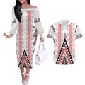 Aotearoa Taniko Couples Matching Off The Shoulder Long Sleeve Dress and Hawaiian Shirt Niho Taniwha Purapura Whetu Mix Poutama