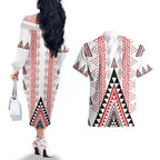Aotearoa Taniko Couples Matching Off The Shoulder Long Sleeve Dress and Hawaiian Shirt Niho Taniwha Purapura Whetu Mix Poutama