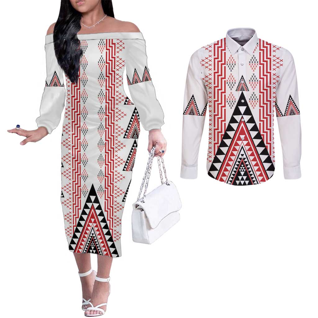 Aotearoa Taniko Couples Matching Off The Shoulder Long Sleeve Dress and Long Sleeve Button Shirt Niho Taniwha Purapura Whetu Mix Poutama