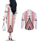 Aotearoa Taniko Couples Matching Off The Shoulder Long Sleeve Dress and Long Sleeve Button Shirt Niho Taniwha Purapura Whetu Mix Poutama