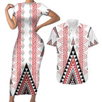 Aotearoa Taniko Couples Matching Short Sleeve Bodycon Dress and Hawaiian Shirt Niho Taniwha Purapura Whetu Mix Poutama