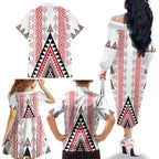 Aotearoa Taniko Family Matching Off The Shoulder Long Sleeve Dress and Hawaiian Shirt Niho Taniwha Purapura Whetu Mix Poutama
