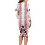 Aotearoa Taniko Long Sleeve Bodycon Dress Niho Taniwha Purapura Whetu Mix Poutama