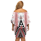 Aotearoa Taniko Off Shoulder Short Dress Niho Taniwha Purapura Whetu Mix Poutama